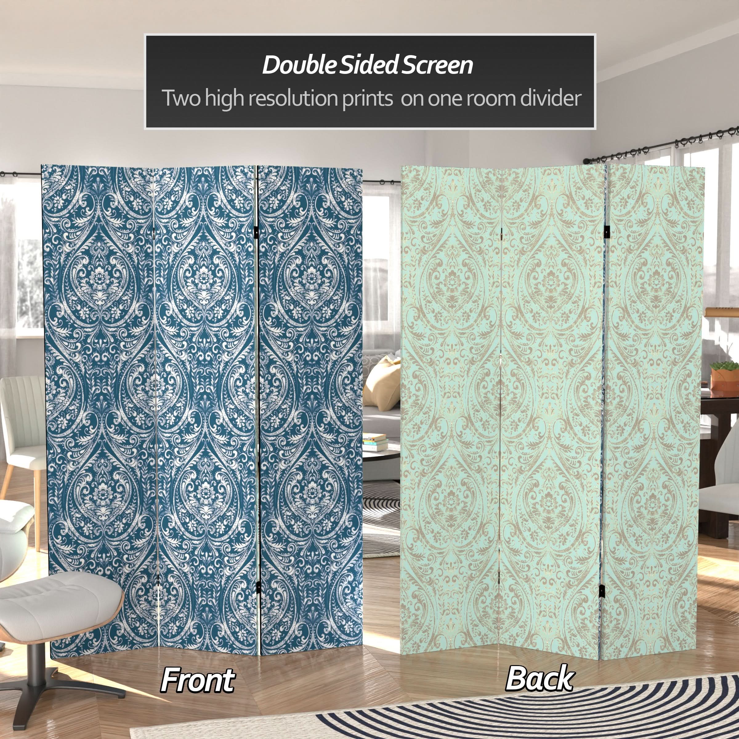 6 ft. Tall Double Sided Ocean Damask Canvas Room Divider - Image 2