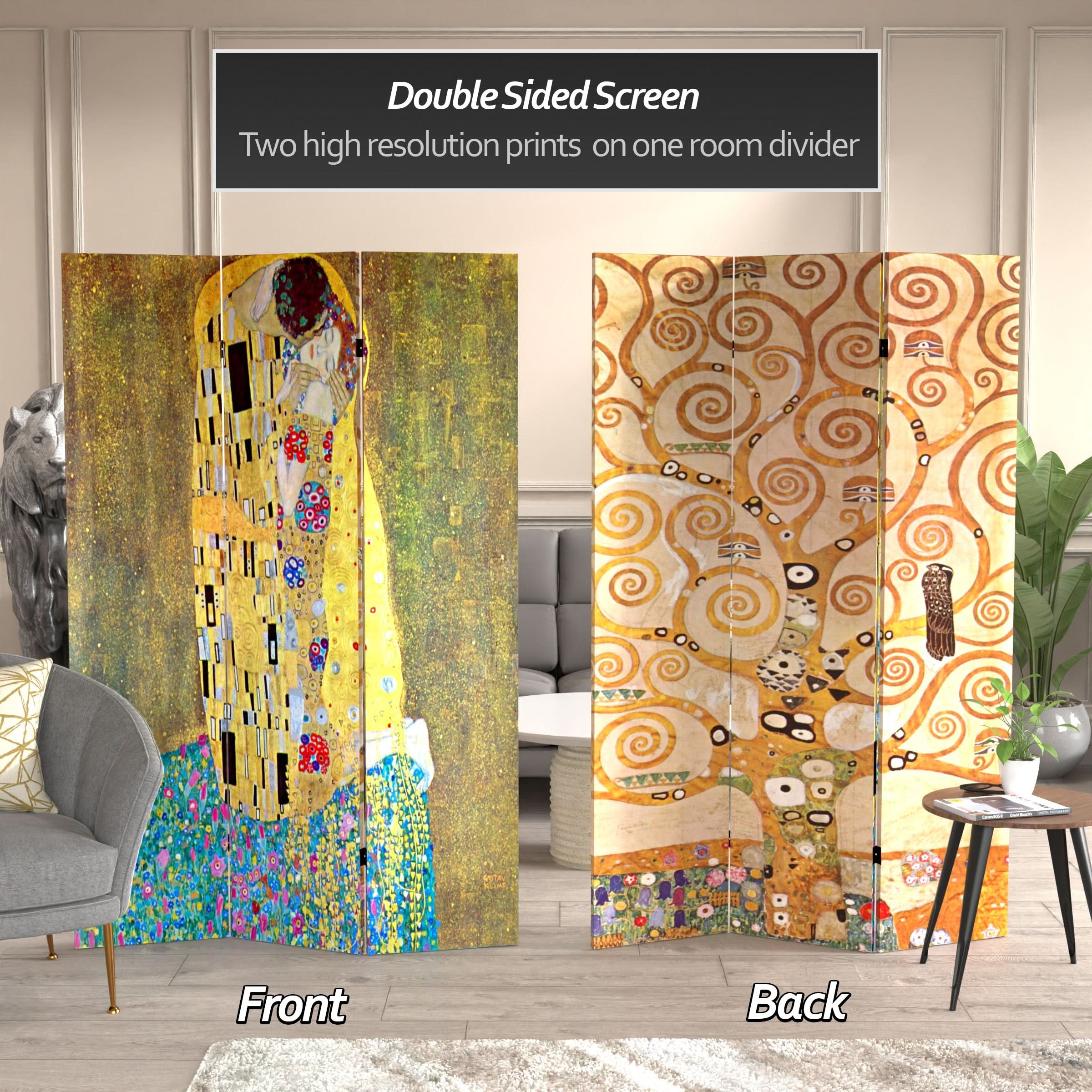 6 ft. Tall Double Sided Works of Klimt Room Divider - The Kiss/Tree of Life - Image 2