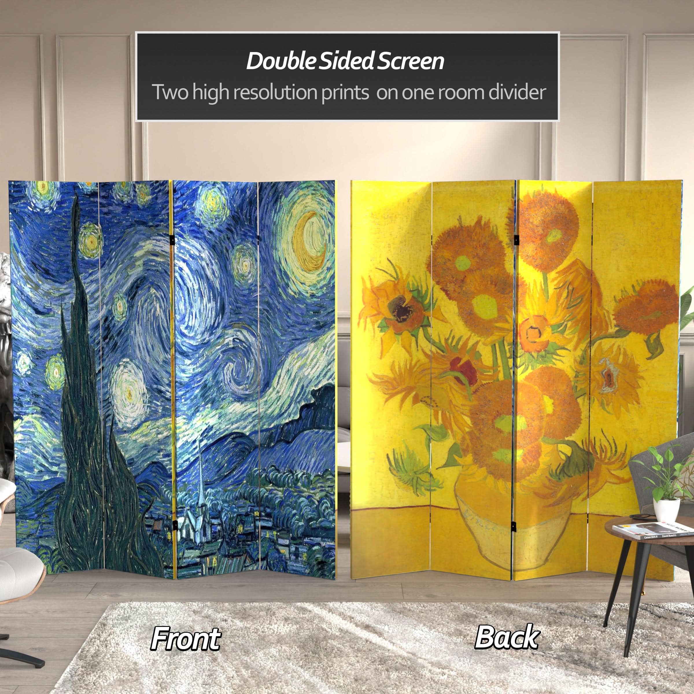 6 ft. Tall Double Sided Works of Van Gogh Canvas Room Divider 4 Panel - Image 2