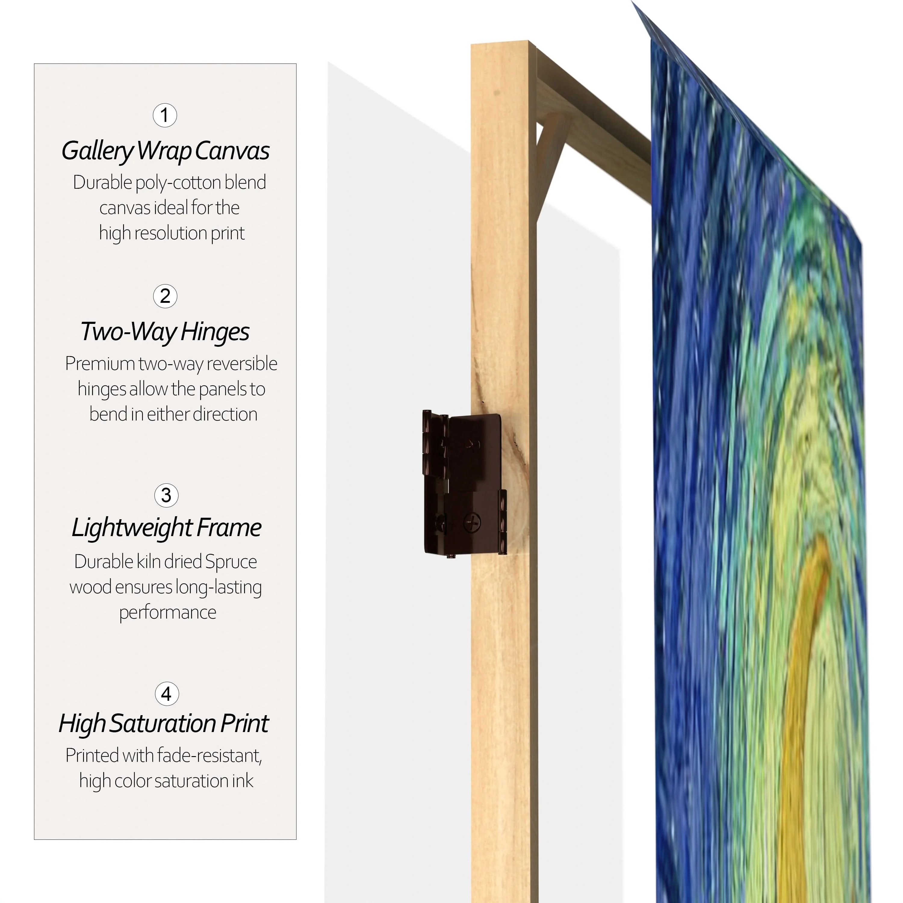 6 ft. Tall Double Sided Works of Van Gogh Canvas Room Divider 4 Panel - Image 3