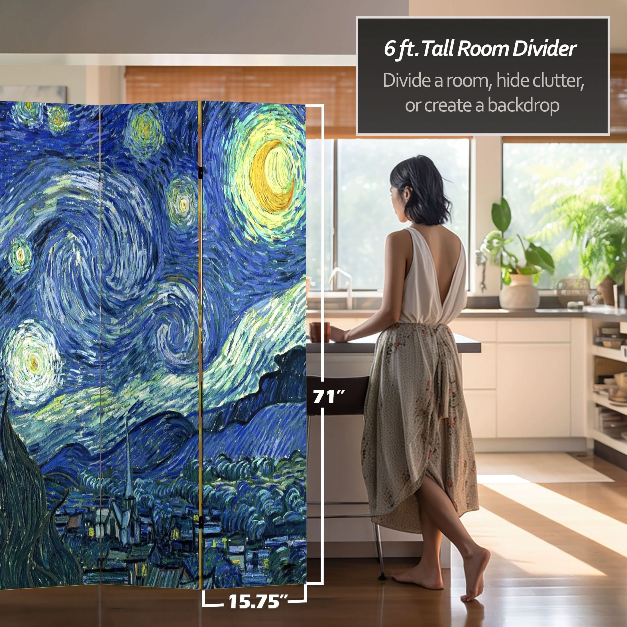 6 ft. Tall Double Sided Works of Van Gogh Canvas Room Divider 4 Panel - Image 4