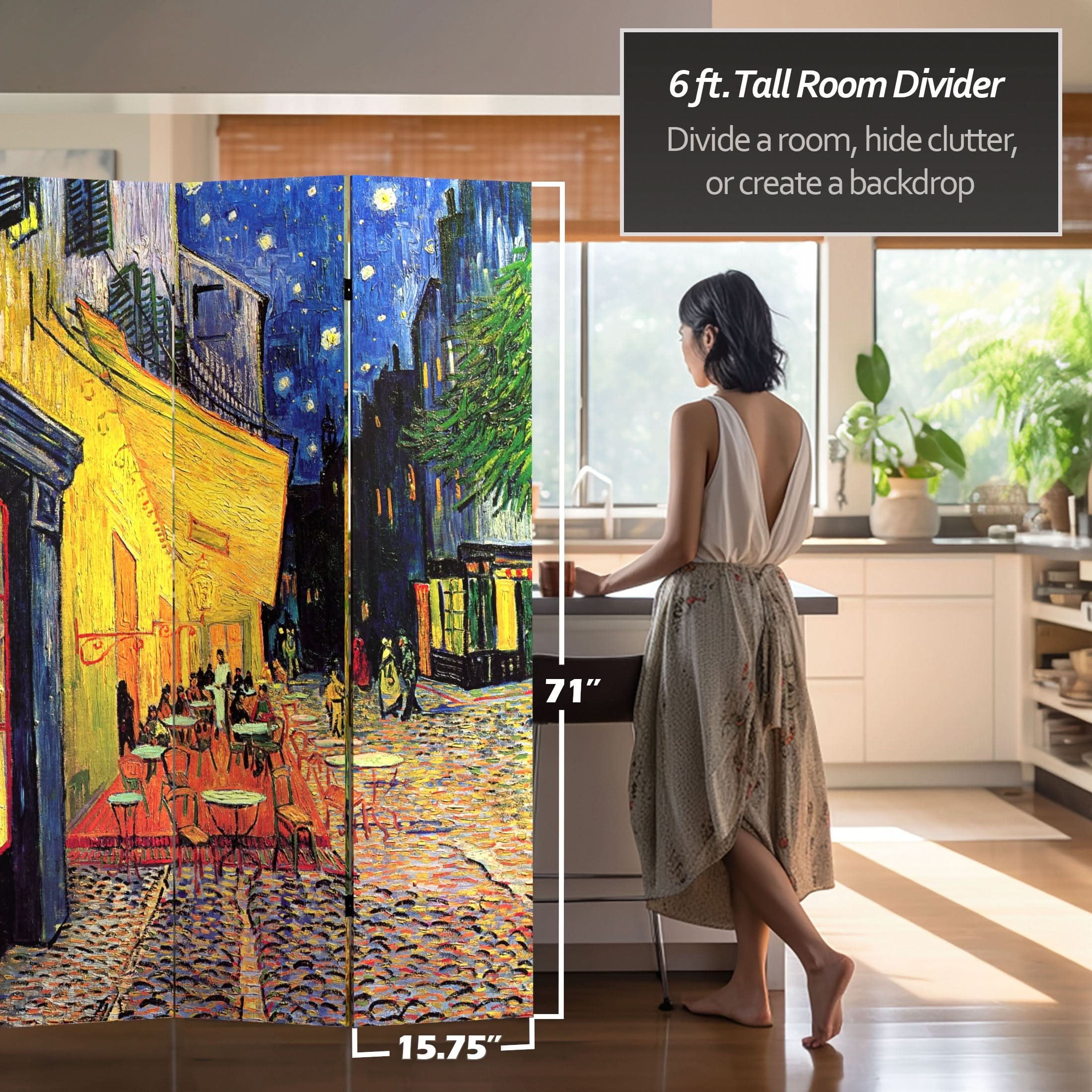 6 ft. Tall Double Sided Works of Van Gogh Canvas Room Divider - Cafe Terrace/View of Arles - Image 4