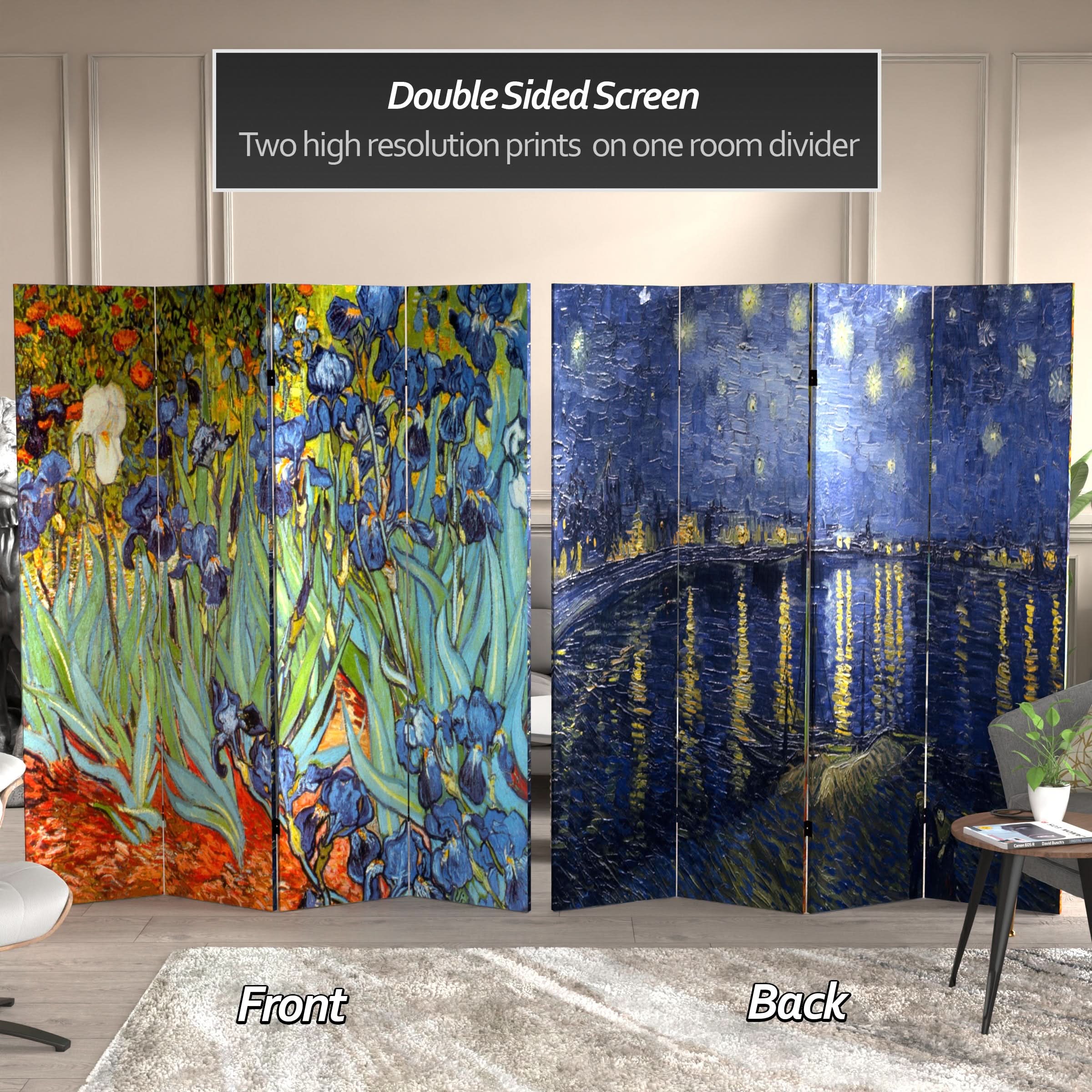6 ft. Tall Double Sided Works of Van Gogh Canvas Room Divider - Irises/Starry Night Over Rhone - Image 2