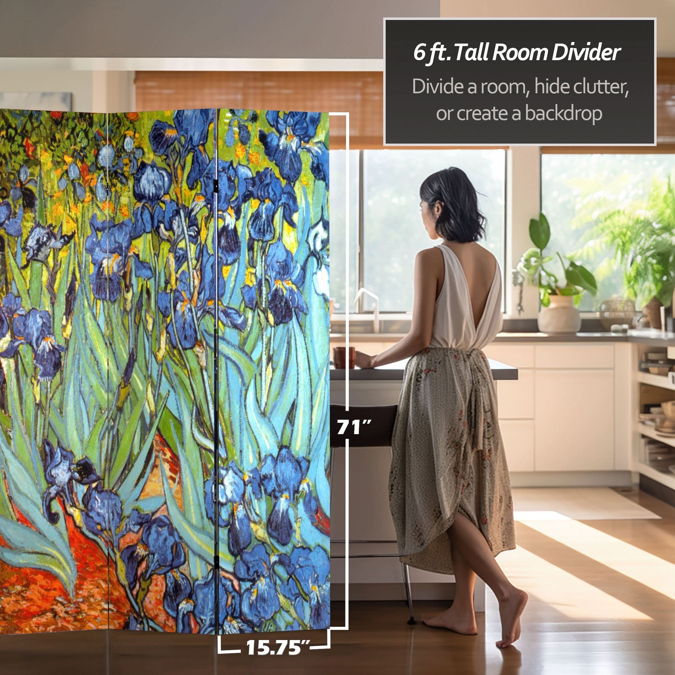 6 ft. Tall Double Sided Works of Van Gogh Canvas Room Divider - Irises/Starry Night Over Rhone - Image 4