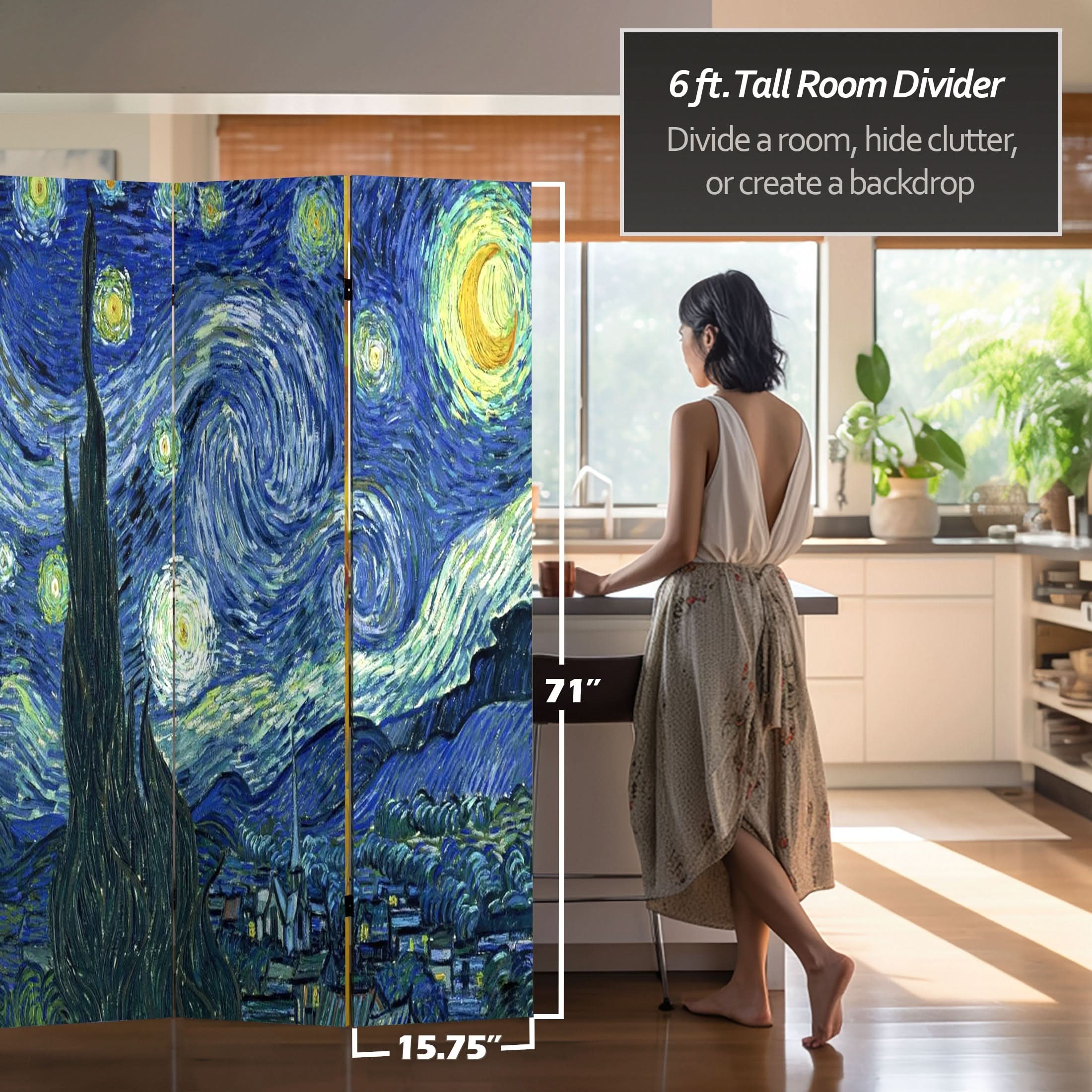 6 ft. Tall Double Sided Works of Van Gogh Canvas Room Divider - Starry Night/Sunflowers - Image 5
