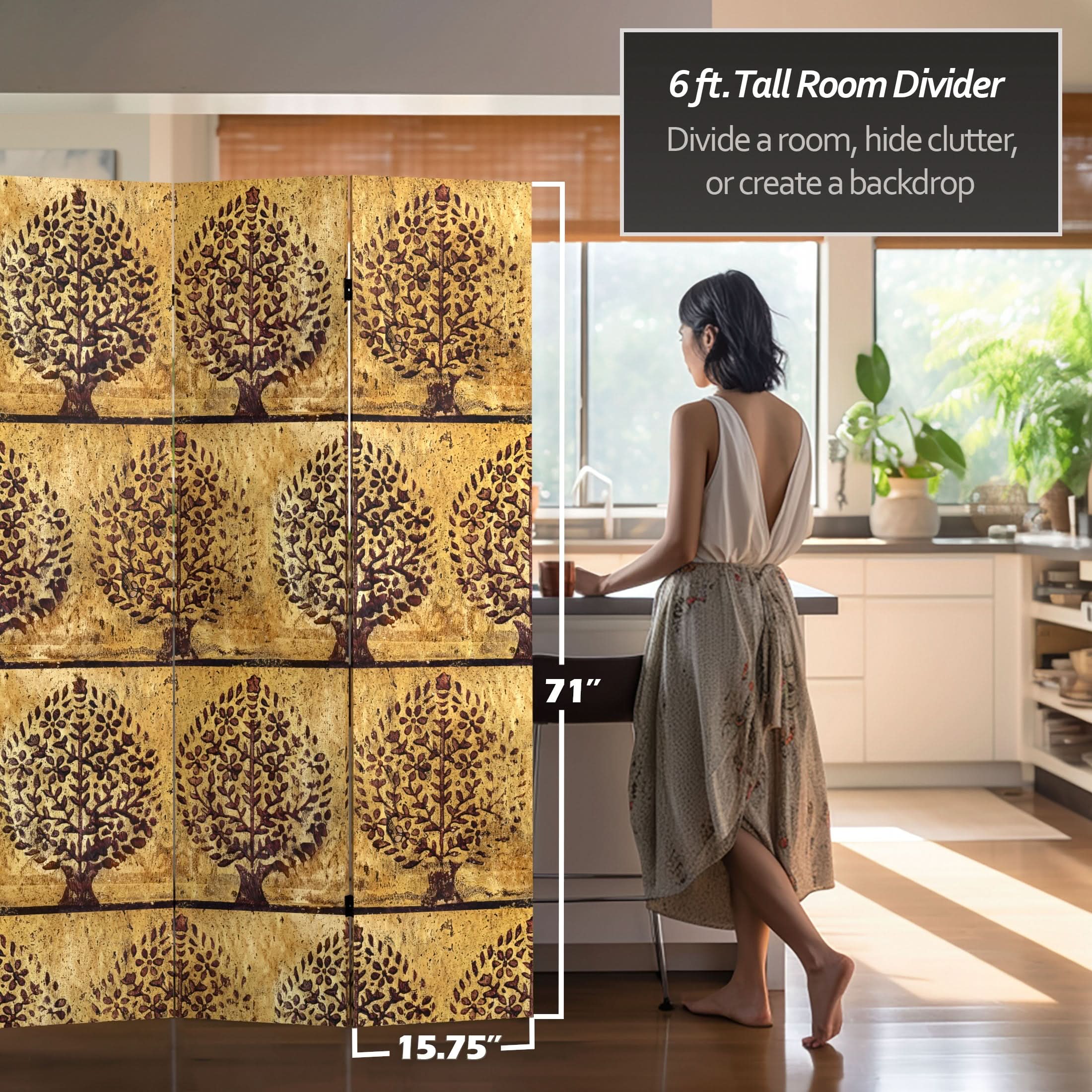 6 ft. Tall Gold Leaf Orchard Canvas Room Divider - Image 5