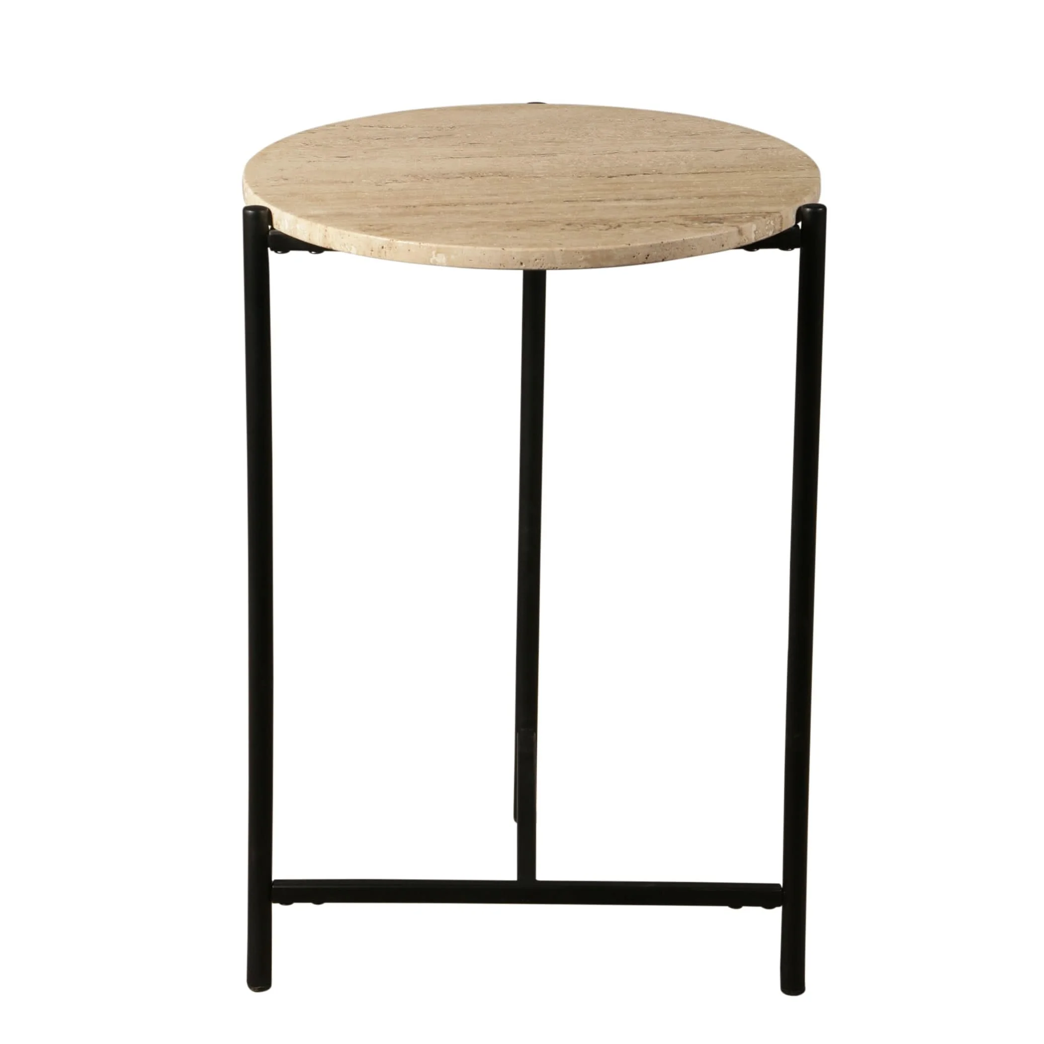 Charleston Iron and Travertine Stone Round Side Table