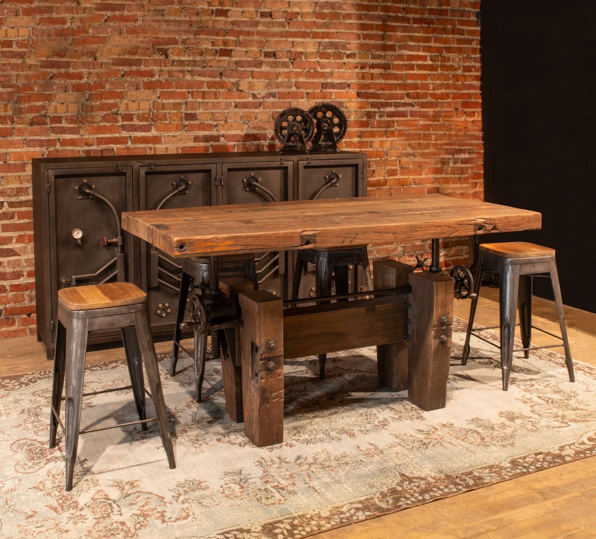 Rustic Revival Old Teak Industrial Hand Crank Office Desk - Image 3