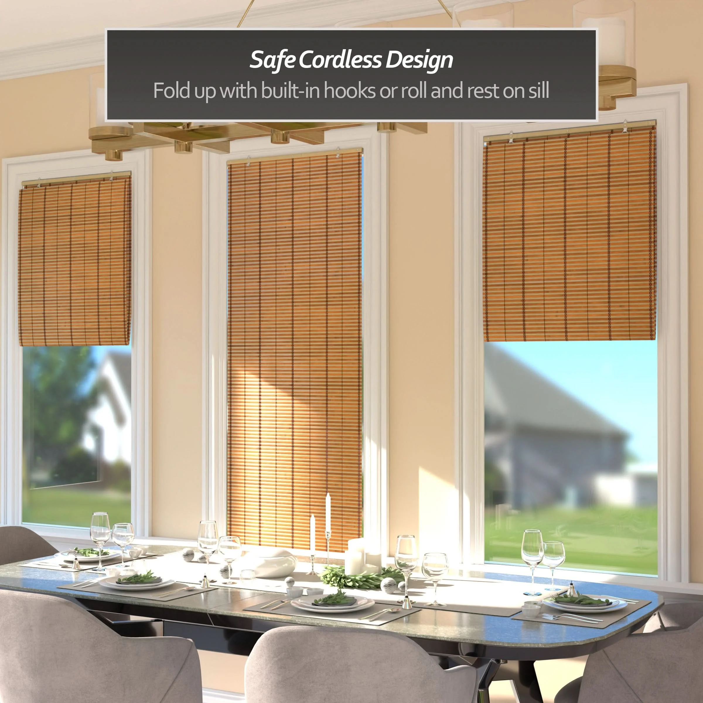 Two-Tone Honey Burnt Bamboo Cordless Window Shade - Image 6